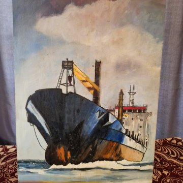 Oil Painting of a Cargo Ship at Seahore